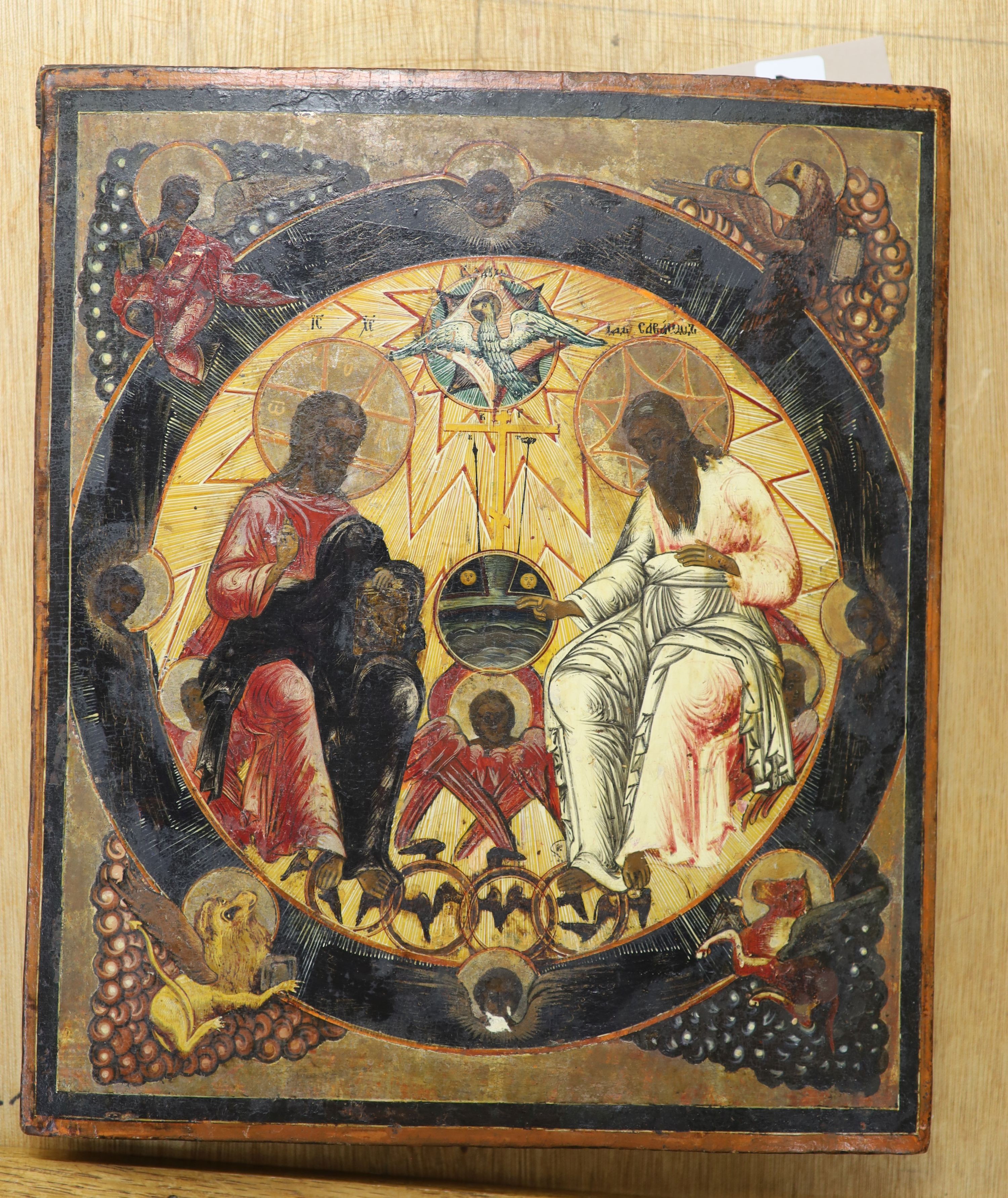 19th Century Russian School, icon, Father, Son and Holy Ghost, 33 x 28cm.